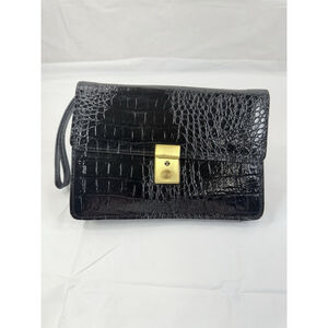 Jade Crocodile Clutch Leather Black wristlet vintage